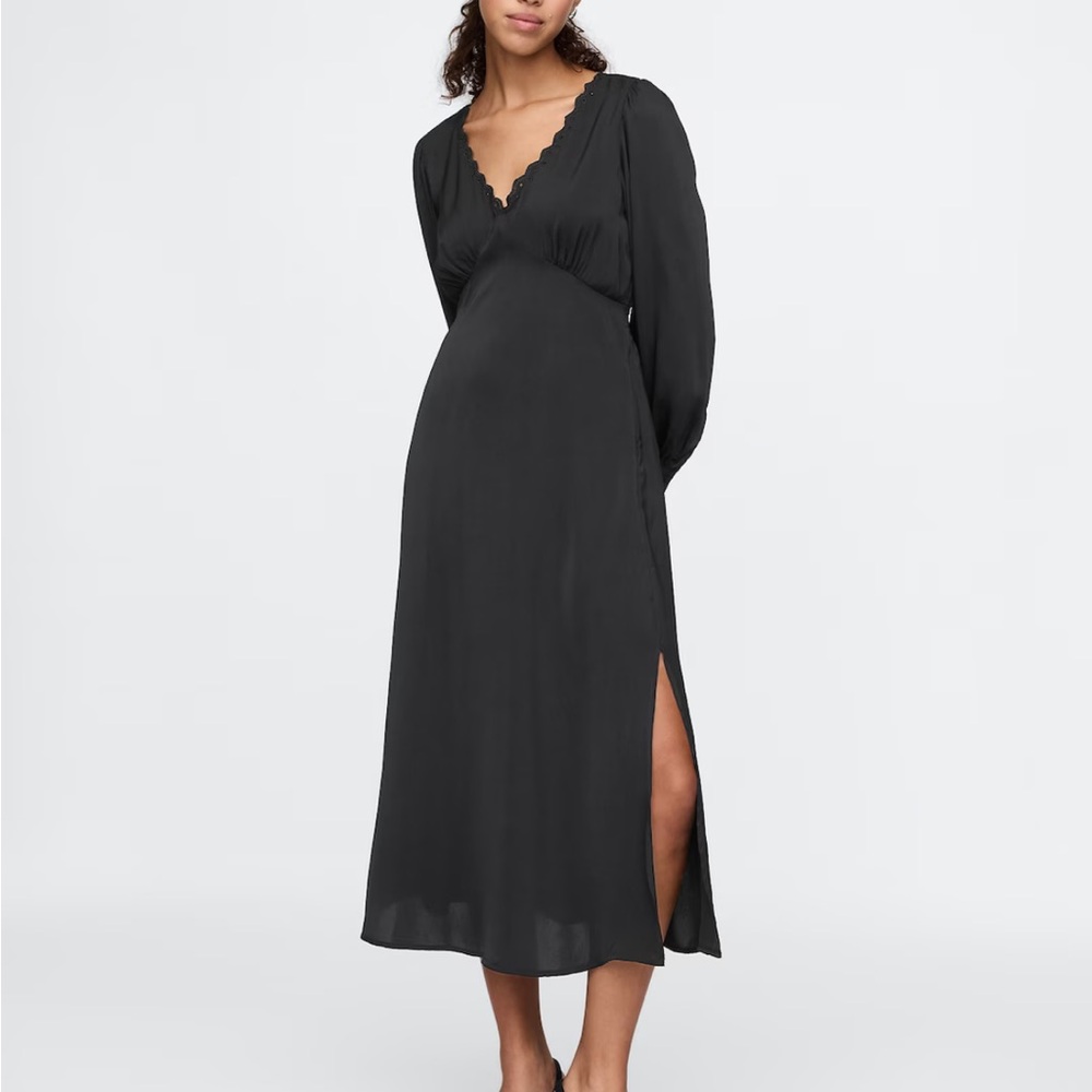 Black Satin Dress with Deep V-Neck and Slit
